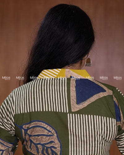 South Cotton Dress Kurti | Dual Print + Folding Collar | Olive Green with Yellow