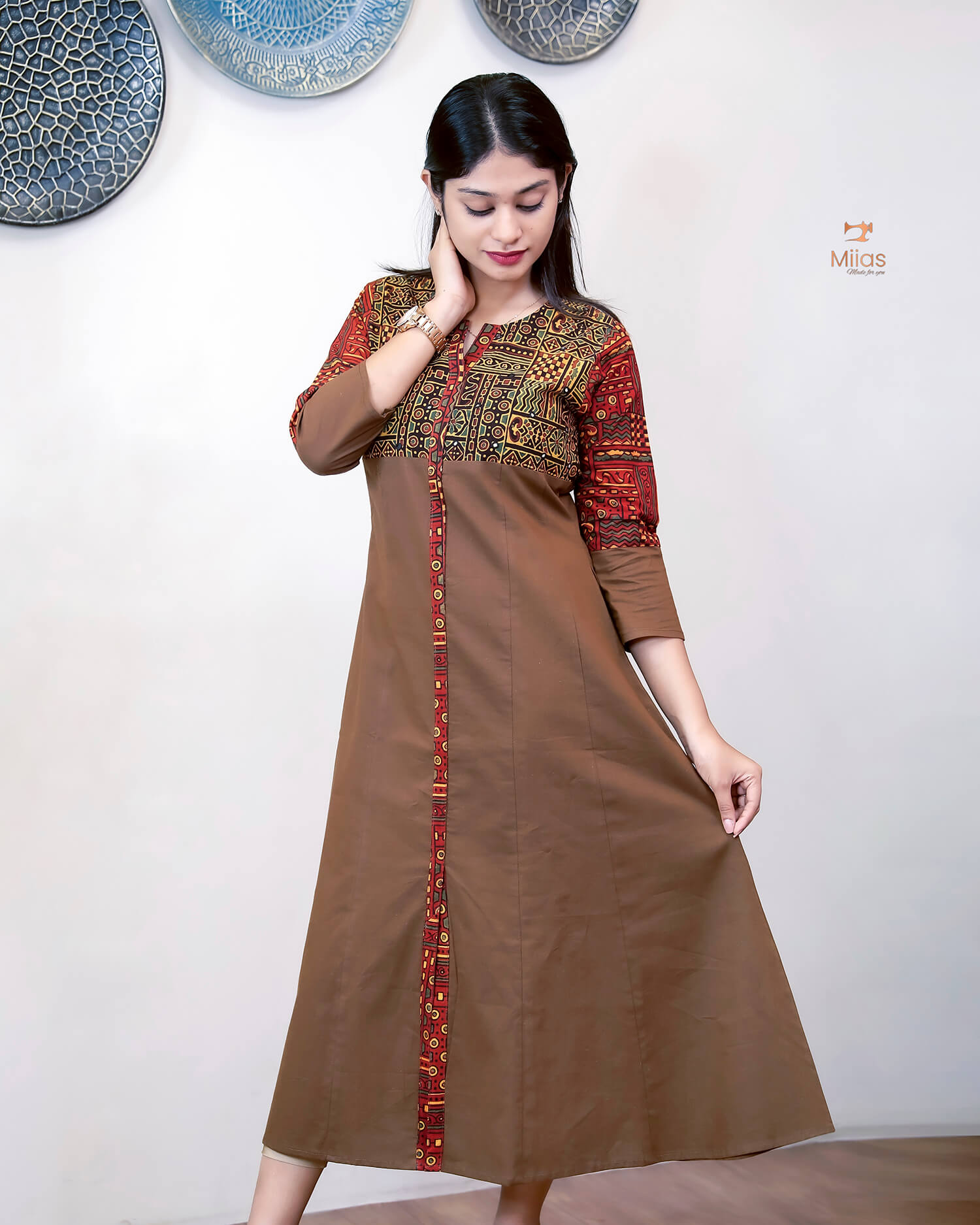 Lawn Cotton Kurti: Ajrakh Patchwork & Mirror Work-Brown.