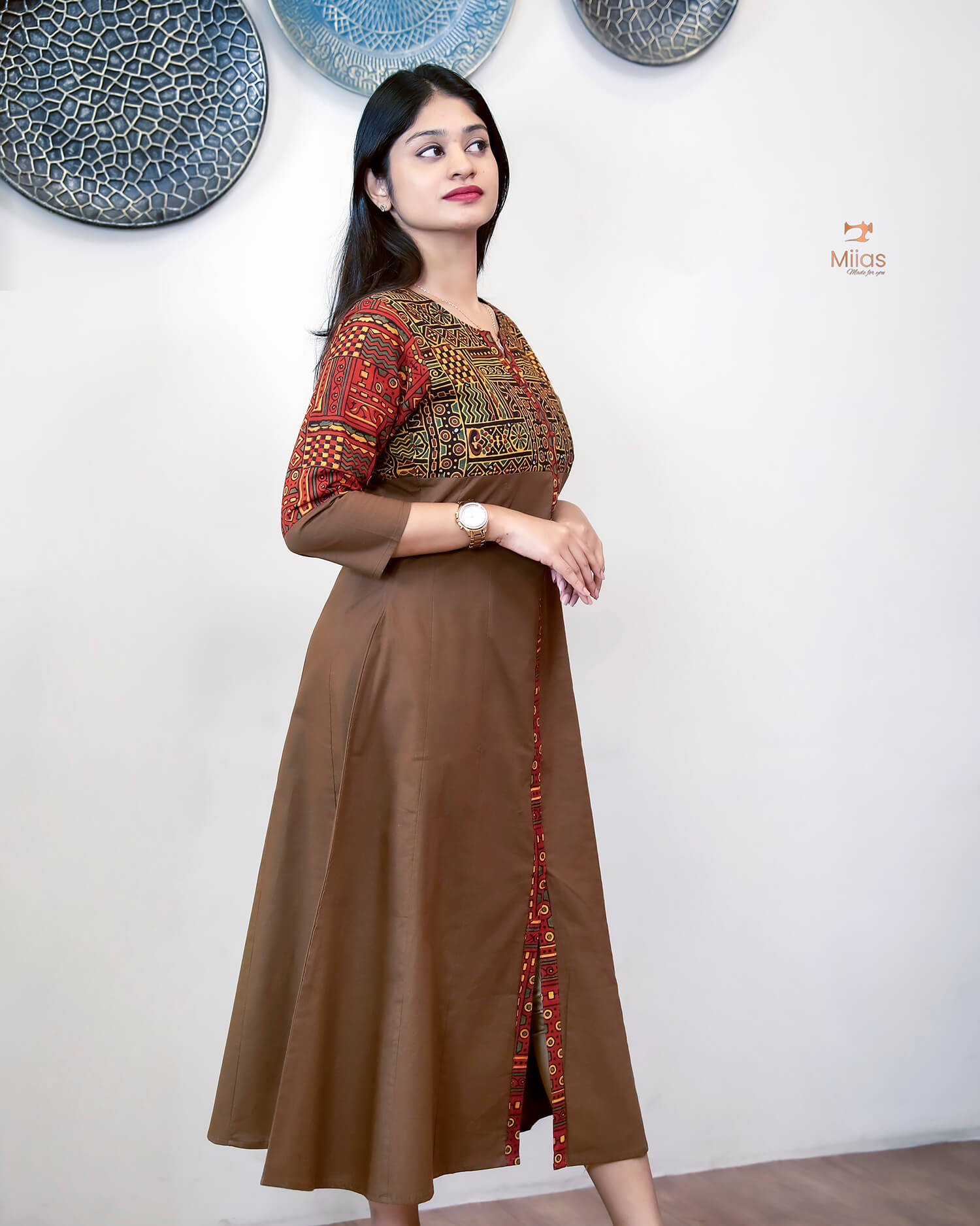 Lawn Cotton Kurti: Ajrakh Patchwork & Mirror Work-Brown.