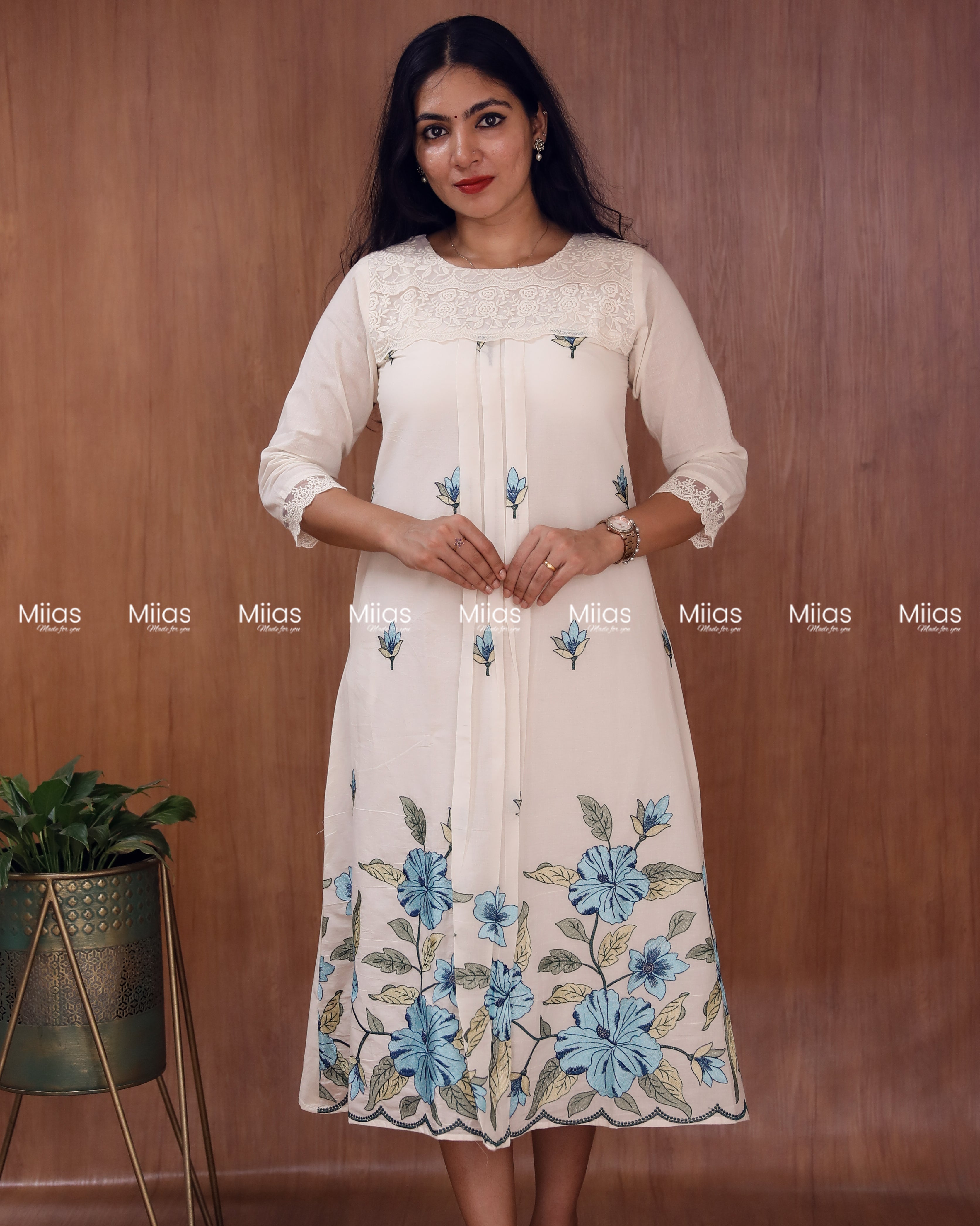 Kora Cotton Dress Kurti | Embroidered Front + Lace + Pleats | Off-white