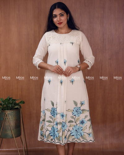 Kora Cotton Dress Kurti | Embroidered Front + Lace + Pleats | Off-white