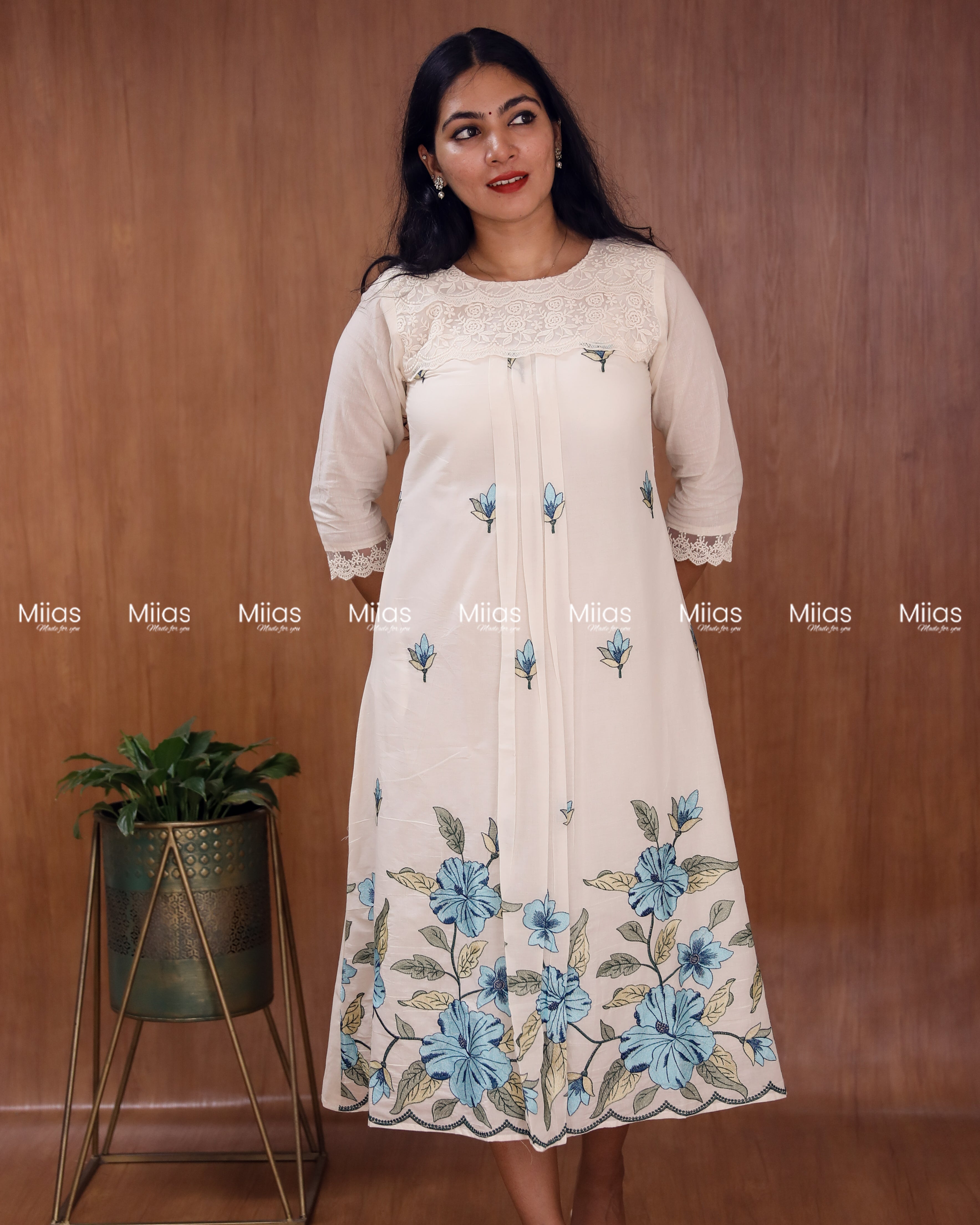 Kora Cotton Dress Kurti | Embroidered Front + Lace + Pleats | Off-white