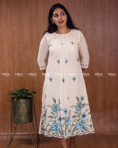 Kora Cotton Dress Kurti | Embroidered Front + Lace + Pleats | Off-white