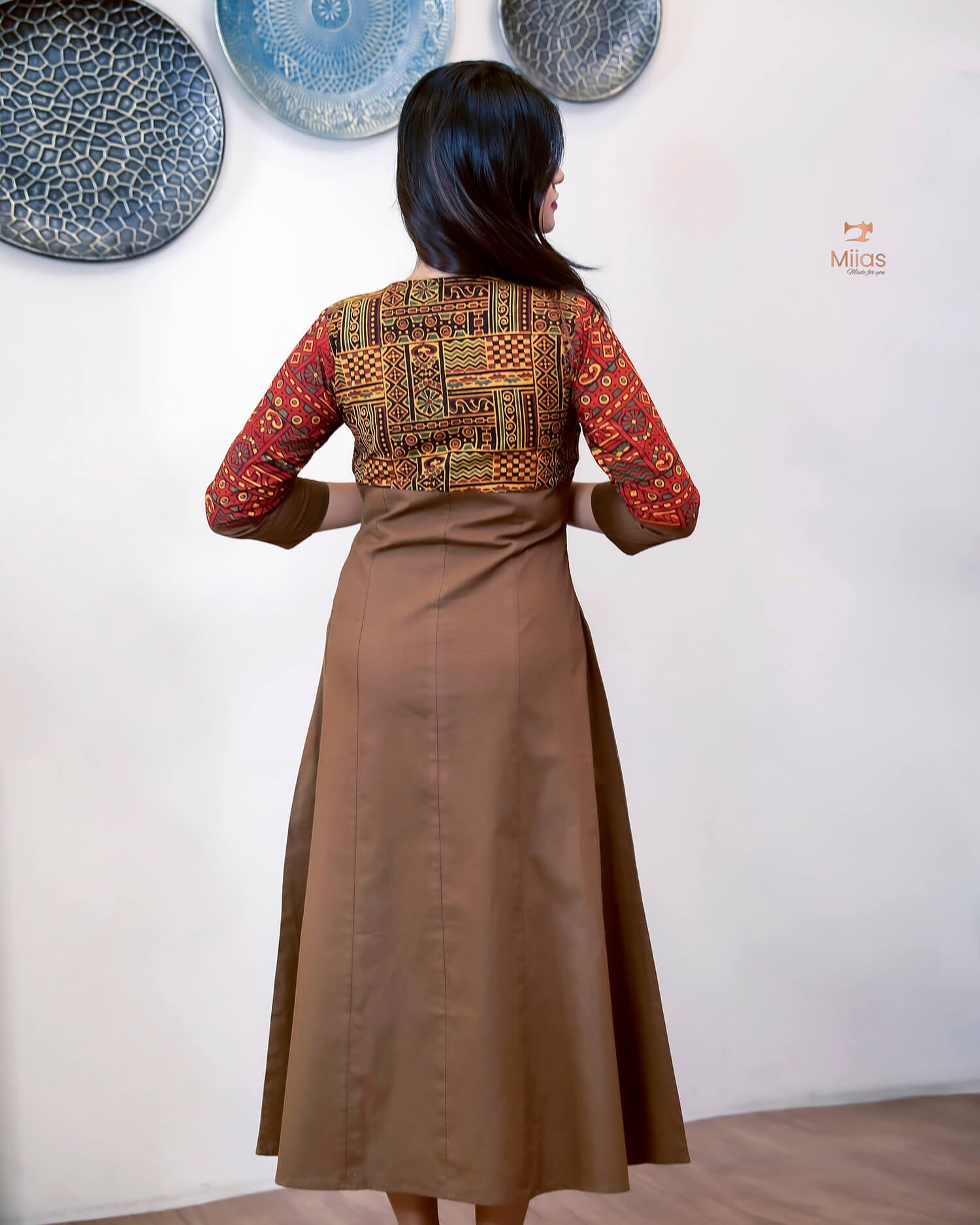 Lawn Cotton Kurti: Ajrakh Patchwork & Mirror Work-Brown.