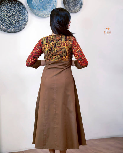 Lawn Cotton Kurti: Ajrakh Patchwork & Mirror Work-Brown.