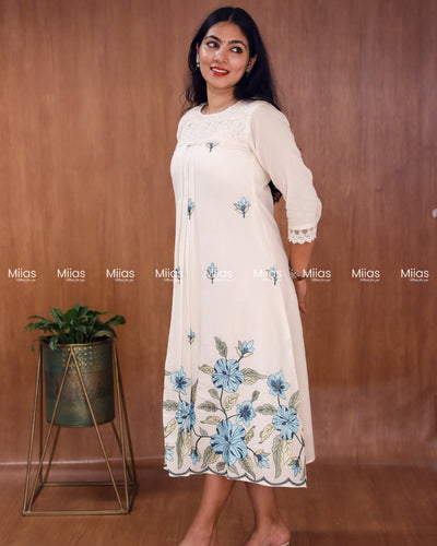 Kora Cotton Dress Kurti | Embroidered Front + Lace + Pleats | Off-white