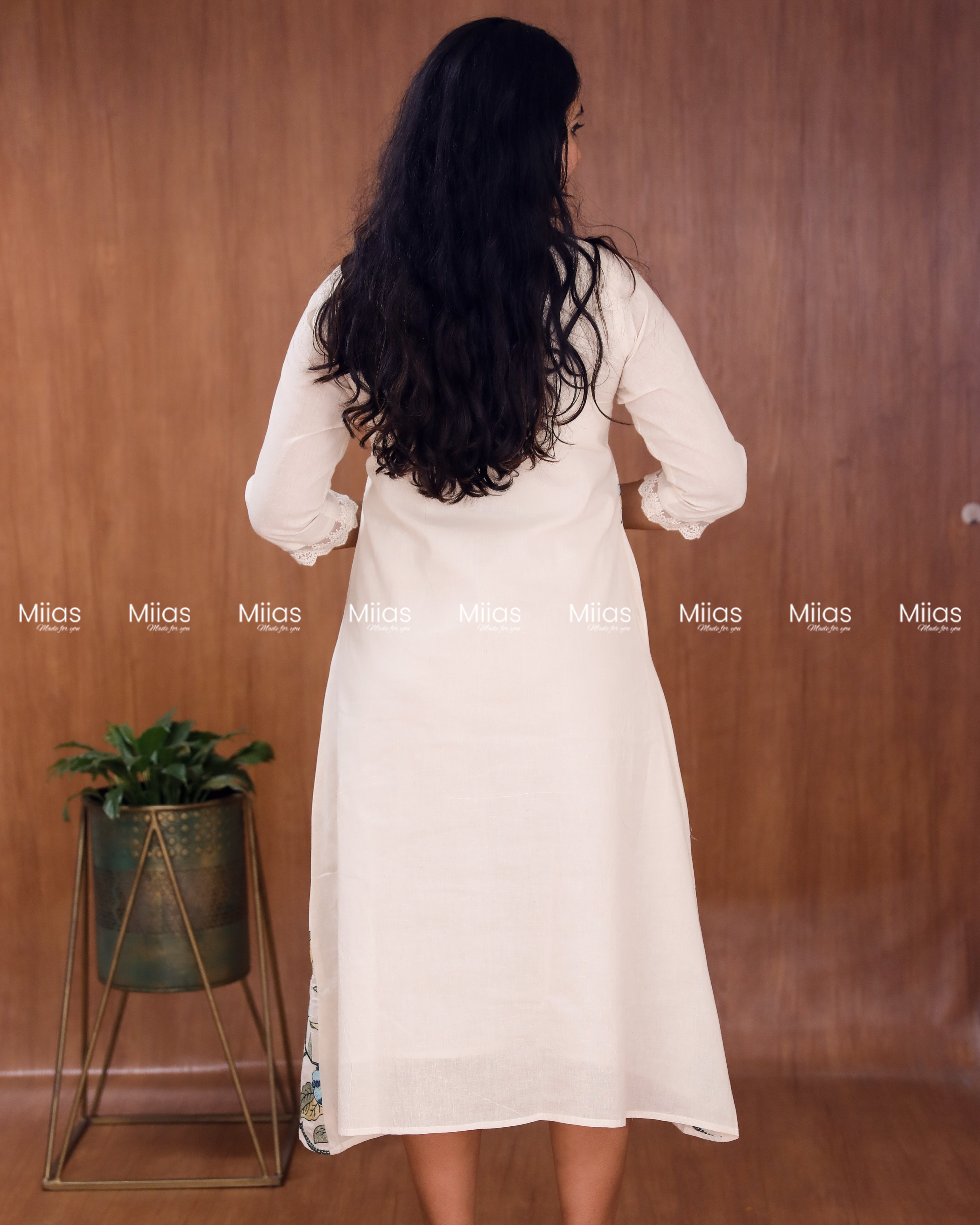 Kora Cotton Dress Kurti | Embroidered Front + Lace + Pleats | Off-white