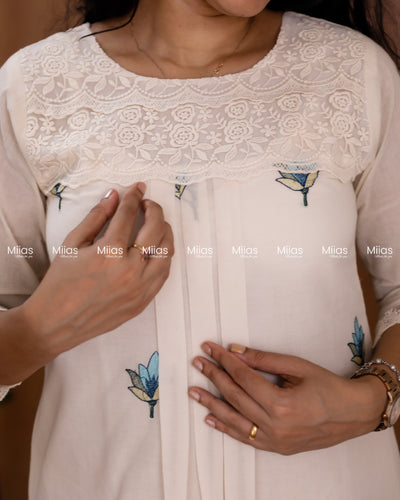 Kora Cotton Dress Kurti | Embroidered Front + Lace + Pleats | Off-white