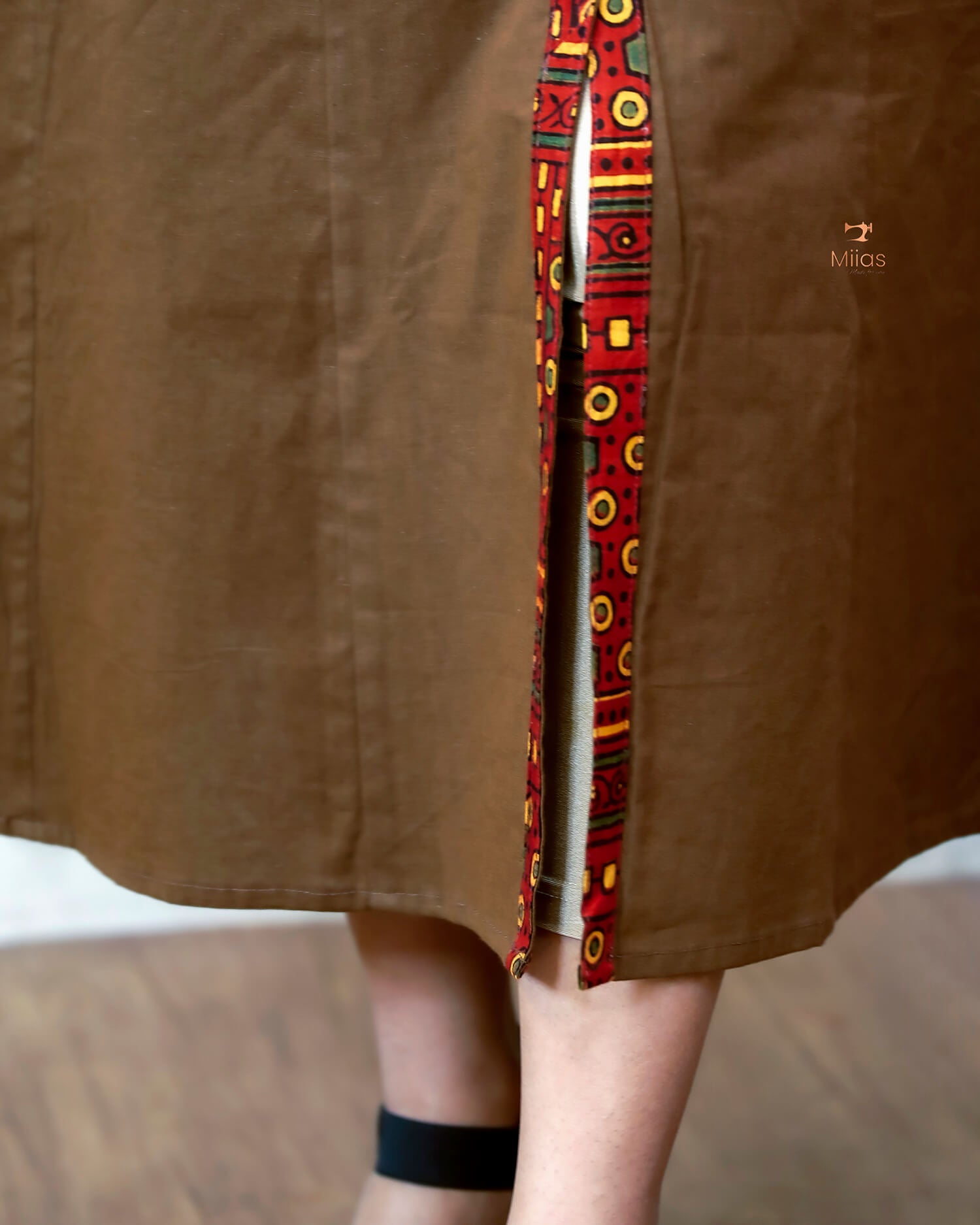 Lawn Cotton Kurti: Ajrakh Patchwork & Mirror Work-Brown.