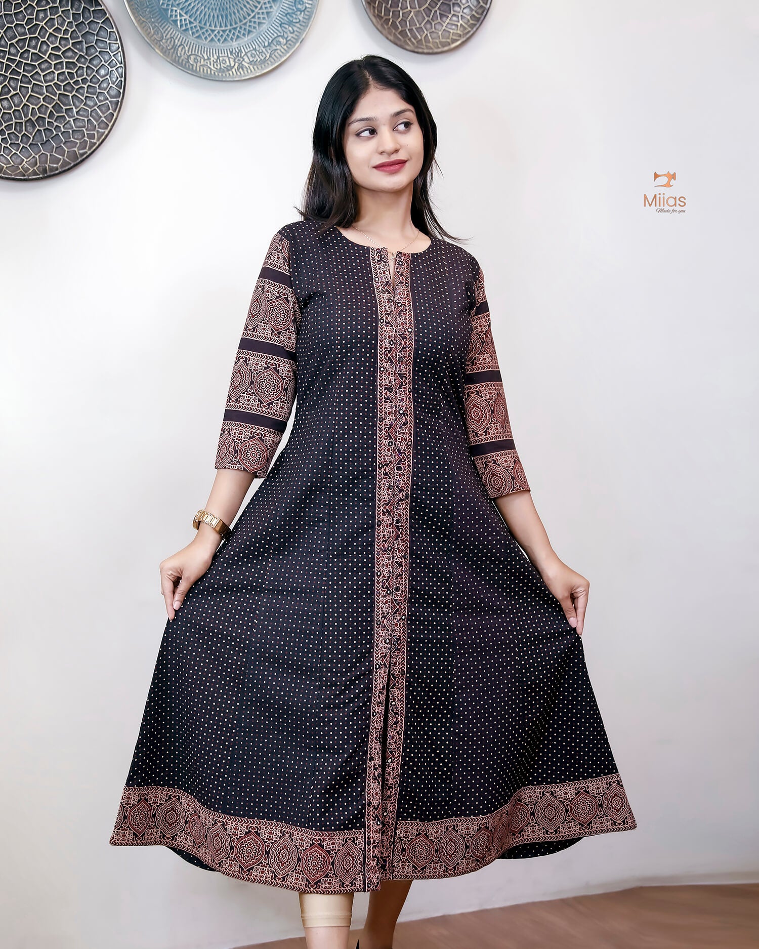 Ajrakh Cotton Kurti – Mirrored Panel Dress with Sequins-Black