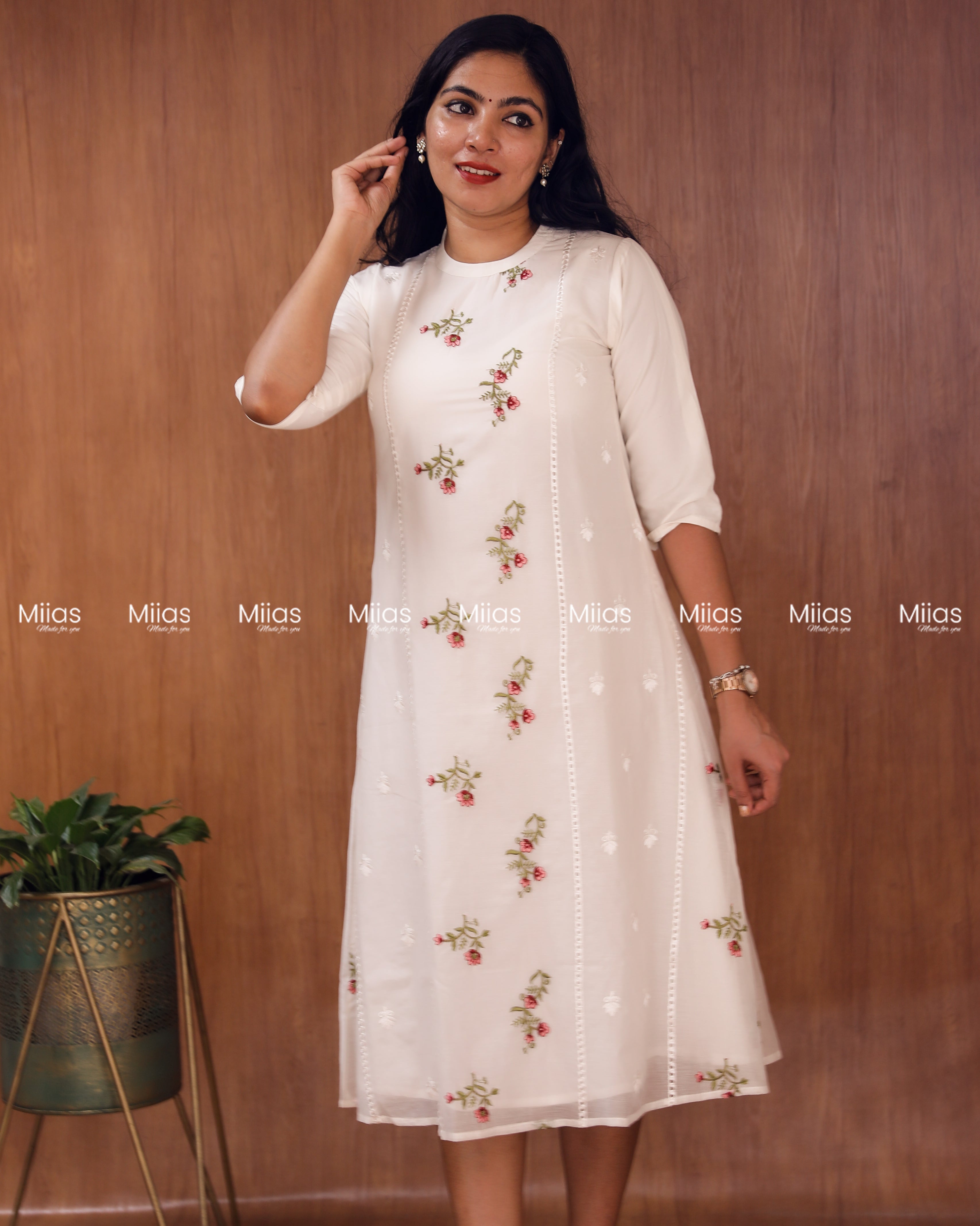 Mul Chanderi A-Line Dress Kurti | Embroidered + Lace | Off-White