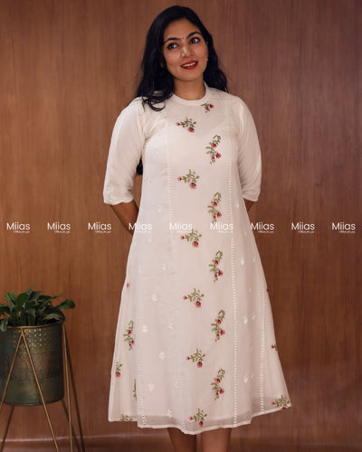 Mul Chanderi A-Line Dress Kurti | Embroidered + Lace | Off-White