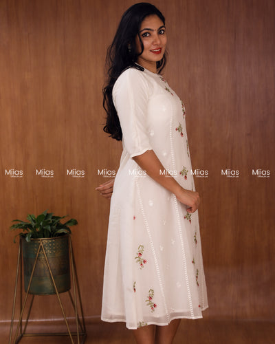 Mul Chanderi A-Line Dress Kurti | Embroidered + Lace | Off-White