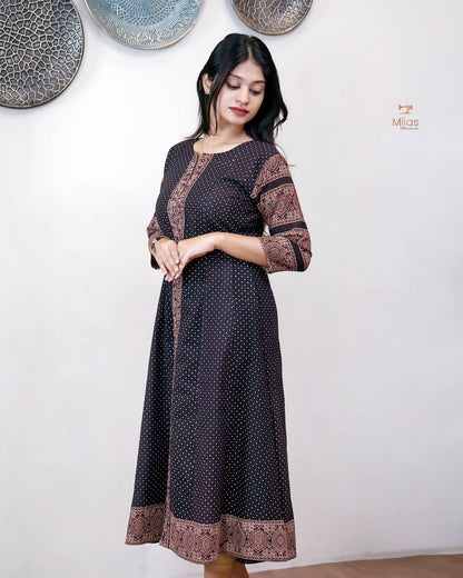 Ajrakh Cotton Kurti – Mirrored Panel Dress with Sequins-Black