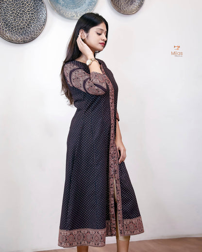 Ajrakh Cotton Kurti – Mirrored Panel Dress with Sequins-Black