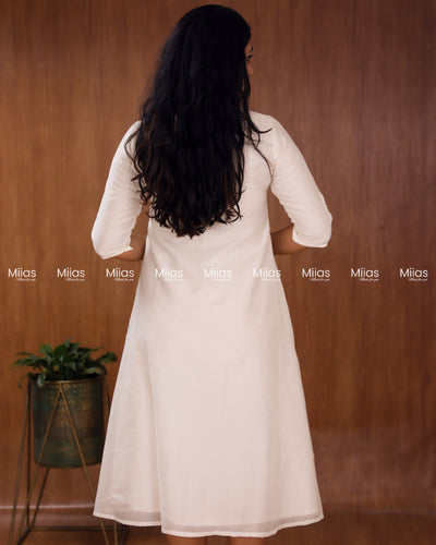 Mul Chanderi A-Line Dress Kurti | Embroidered + Lace | Off-White