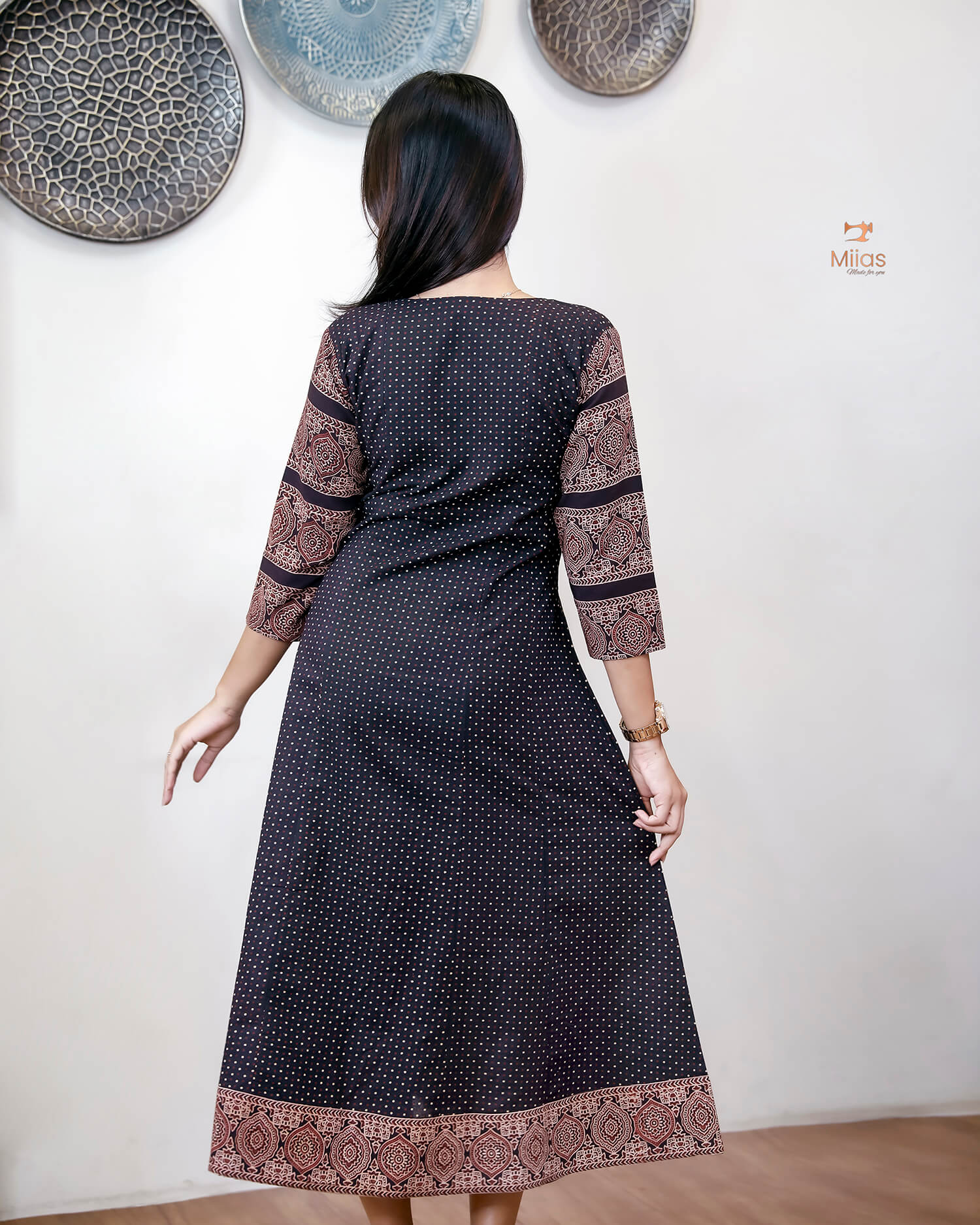 Ajrakh Cotton Kurti – Mirrored Panel Dress with Sequins-Black