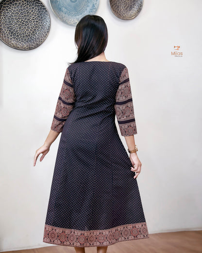 Ajrakh Cotton Kurti – Mirrored Panel Dress with Sequins-Black