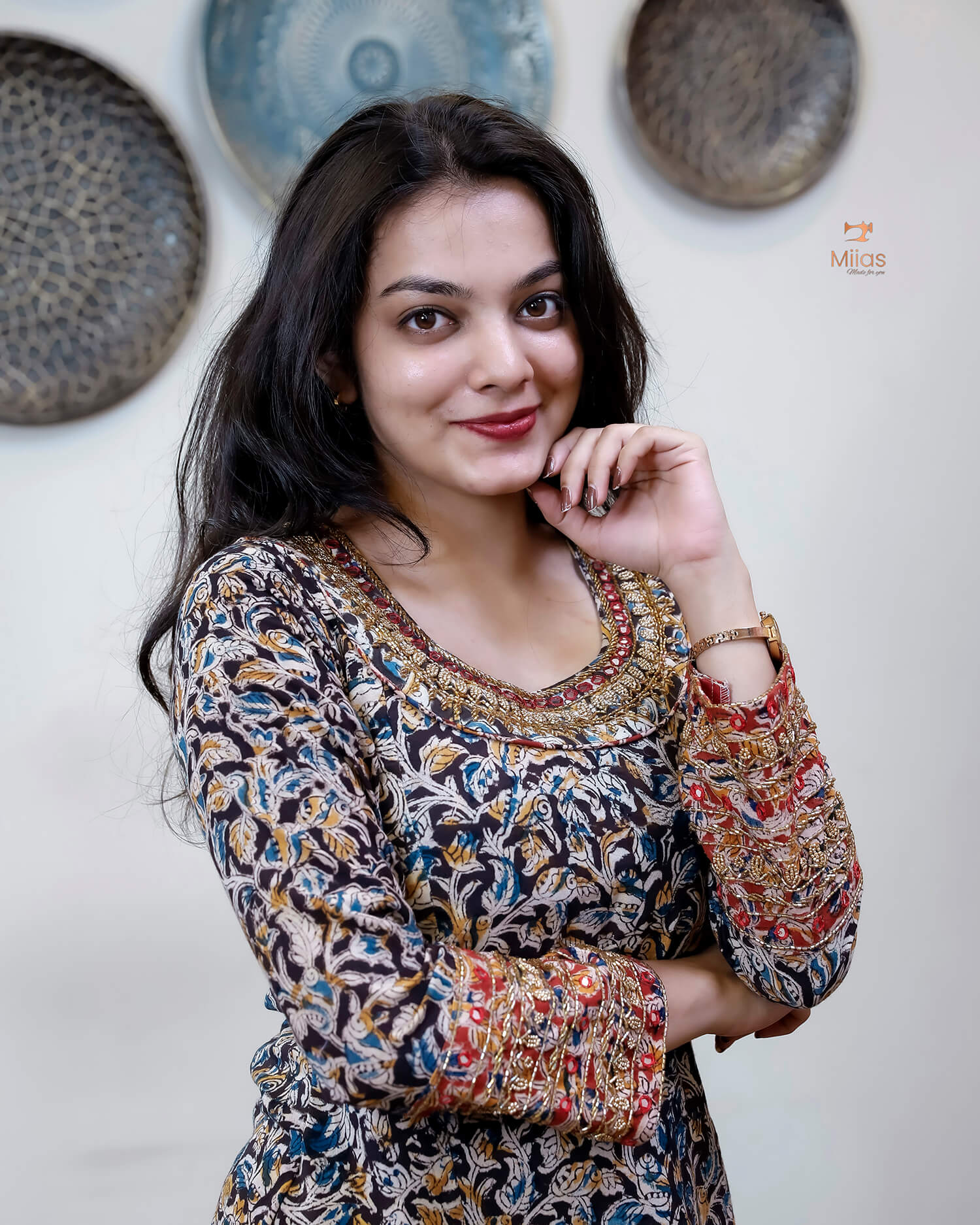 Hand Block Printed Kalamkari Kurti Embroidered Mirror work-Black.