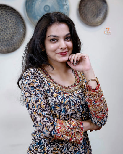 Hand Block Printed Kalamkari Kurti Embroidered Mirror work-Black.