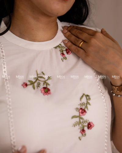 Mul Chanderi A-Line Dress Kurti | Embroidered + Lace | Off-White