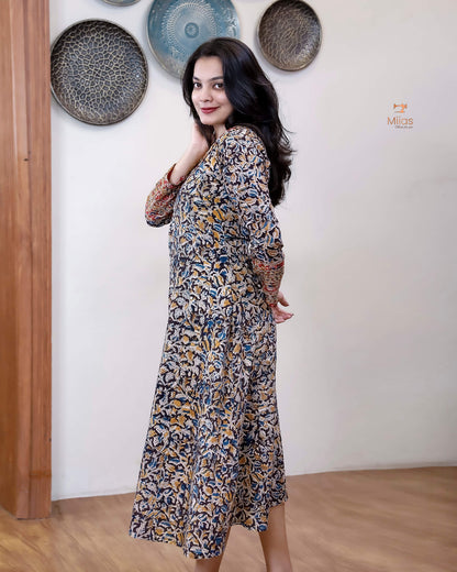 Hand Block Printed Kalamkari Kurti Embroidered Mirror work-Black.