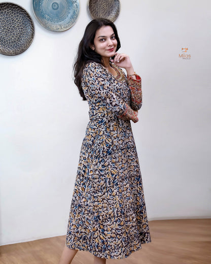 Hand Block Printed Kalamkari Kurti Embroidered Mirror work-Black.