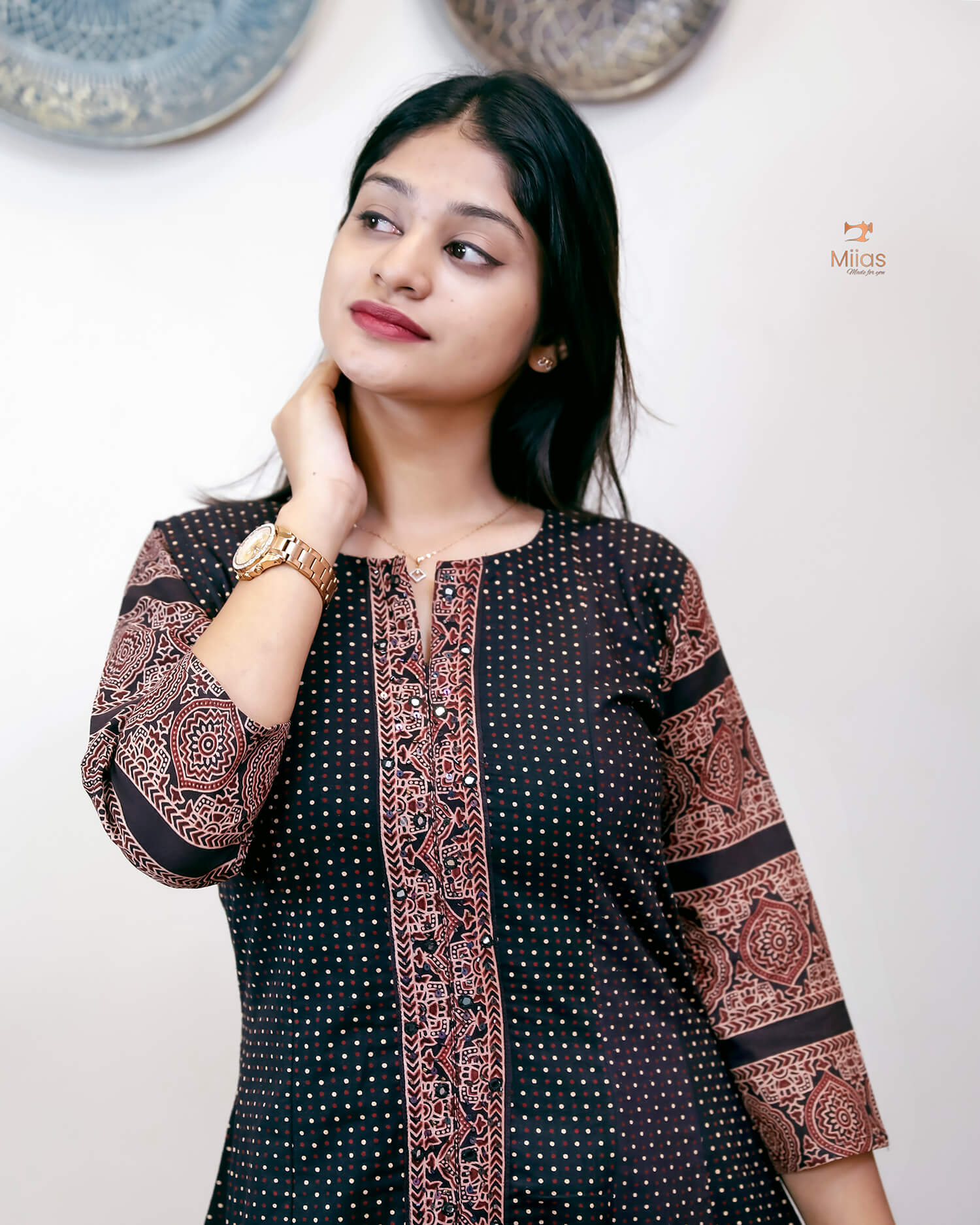 Ajrakh Cotton Kurti – Mirrored Panel Dress with Sequins-Black