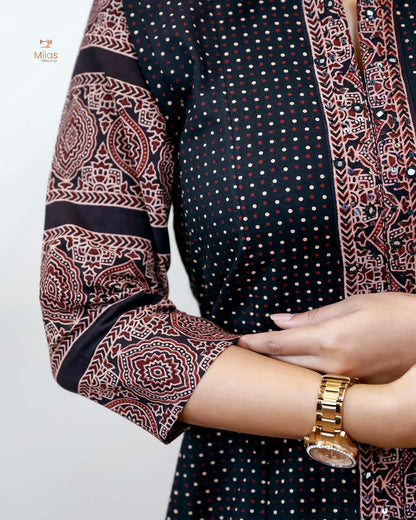 Ajrakh Cotton Kurti – Mirrored Panel Dress with Sequins-Black