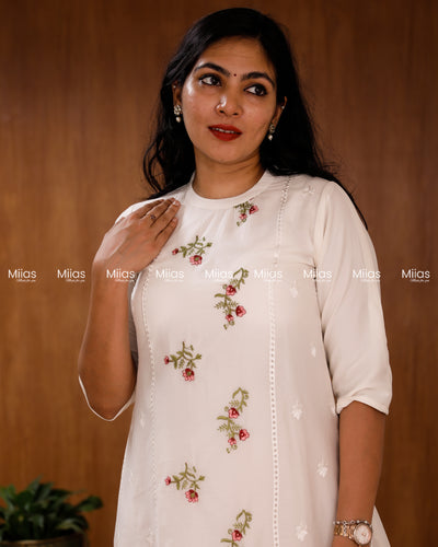 Mul Chanderi A-Line Dress Kurti | Embroidered + Lace | Off-White