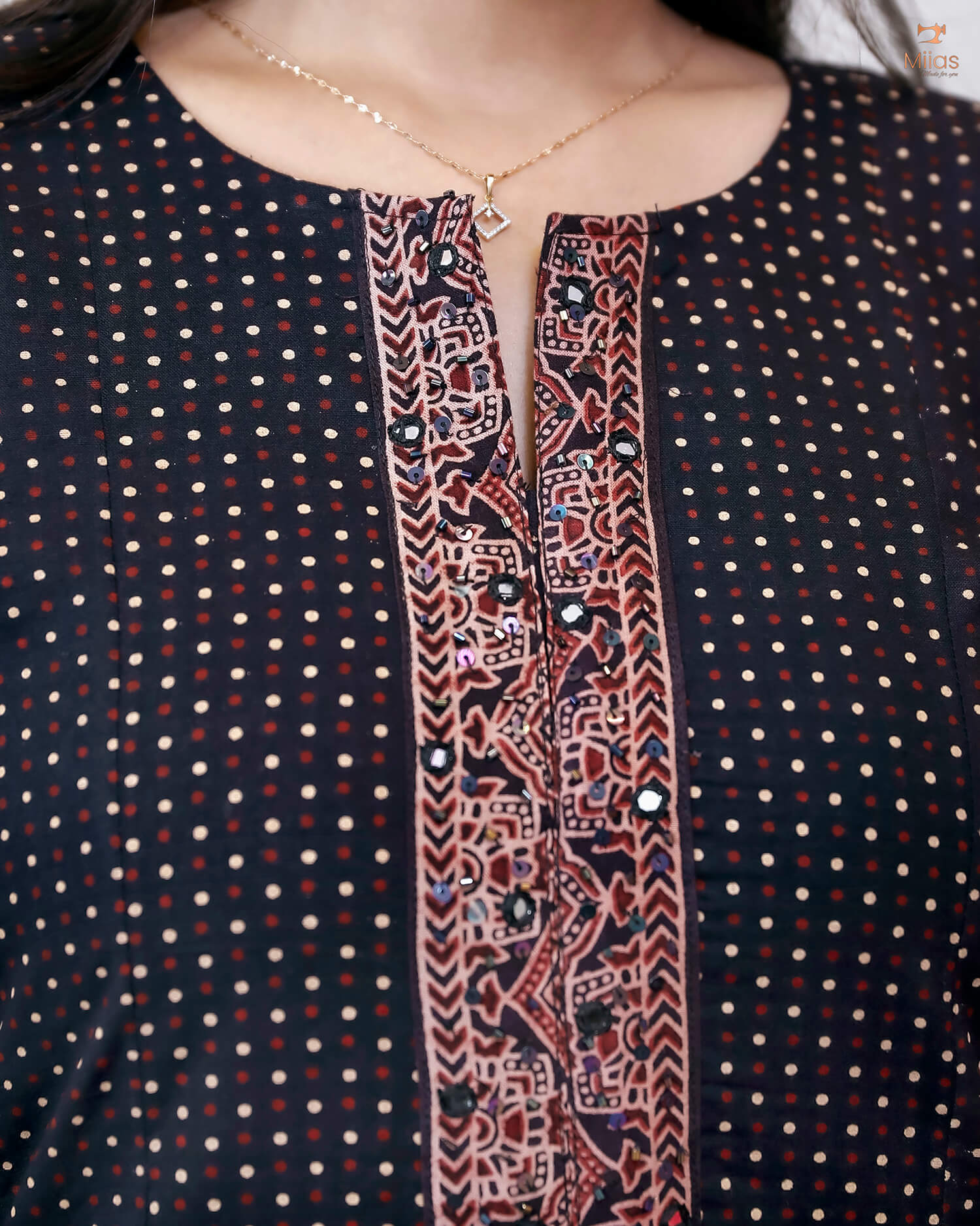 Ajrakh Cotton Kurti – Mirrored Panel Dress with Sequins-Black