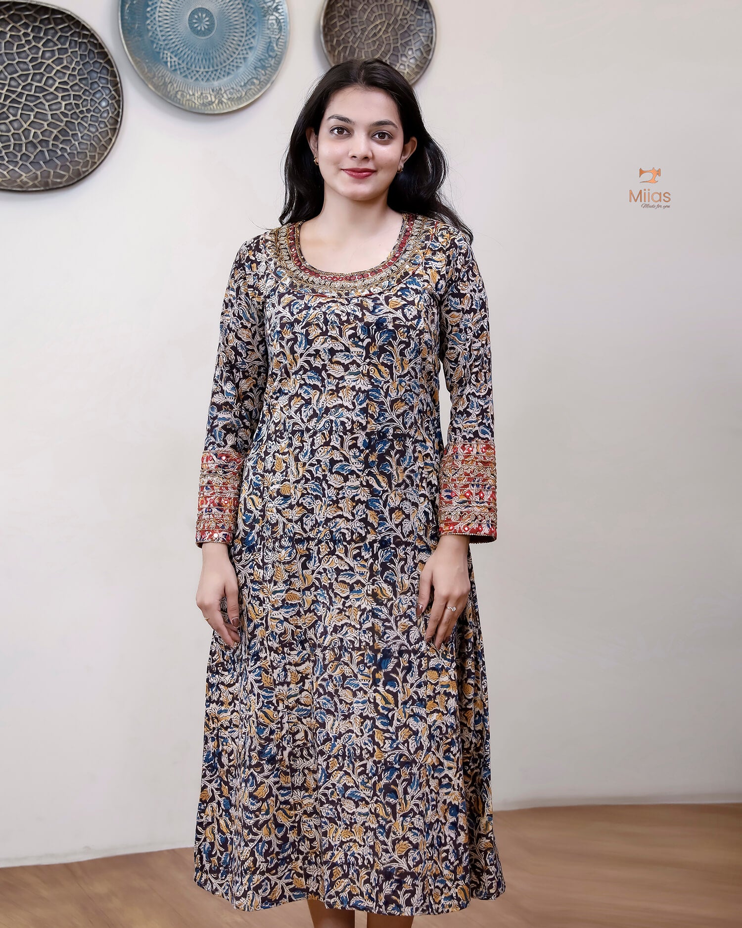 Hand Block Printed Kalamkari Kurti Embroidered Mirror work-Black.