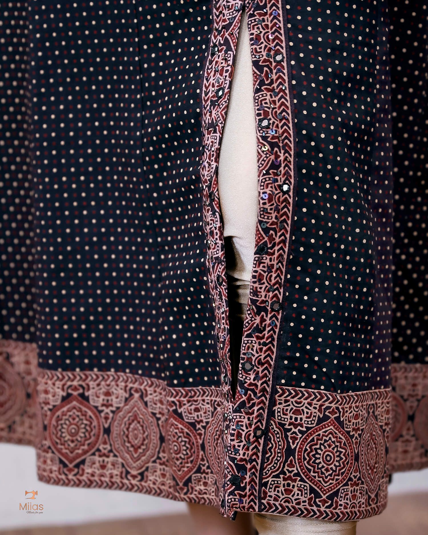 Ajrakh Cotton Kurti – Mirrored Panel Dress with Sequins-Black