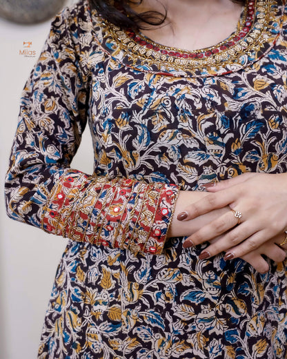 Hand Block Printed Kalamkari Kurti Embroidered Mirror work-Black.