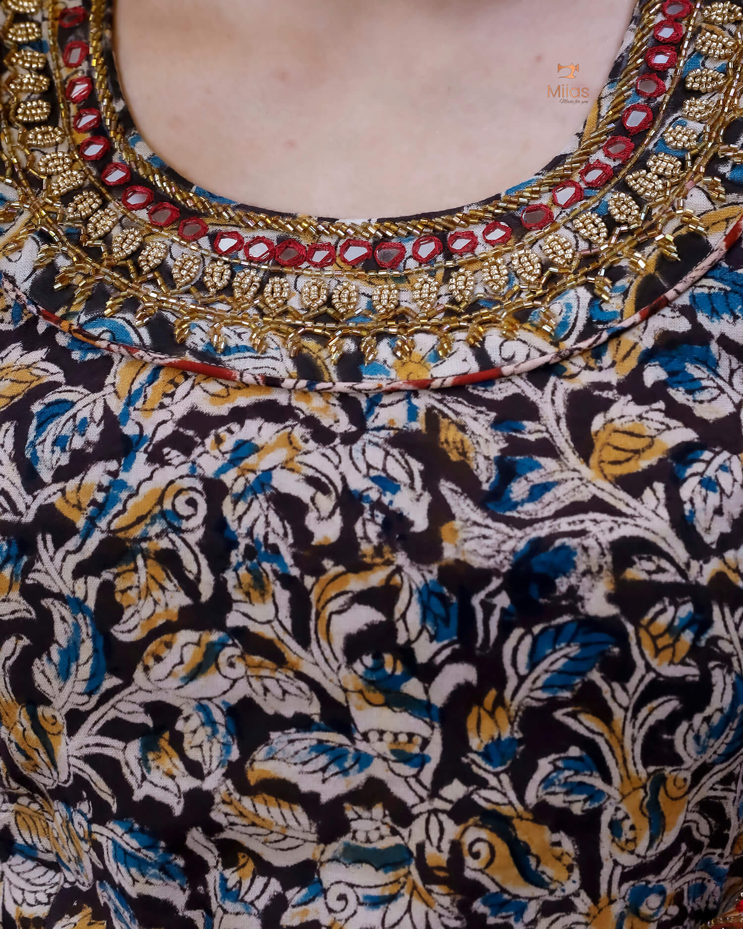 Hand Block Printed Kalamkari Kurti Embroidered Mirror work-Black.