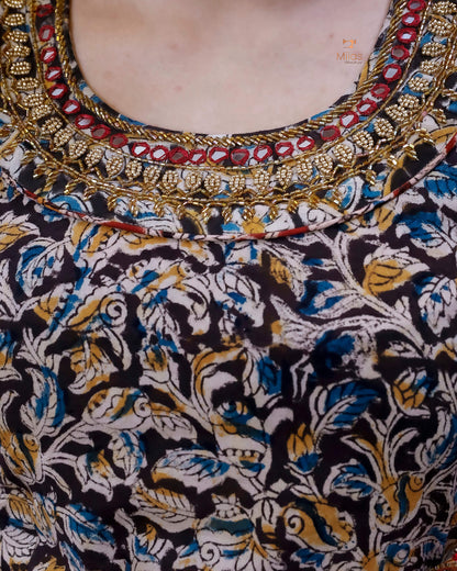 Hand Block Printed Kalamkari Kurti Embroidered Mirror work-Black.
