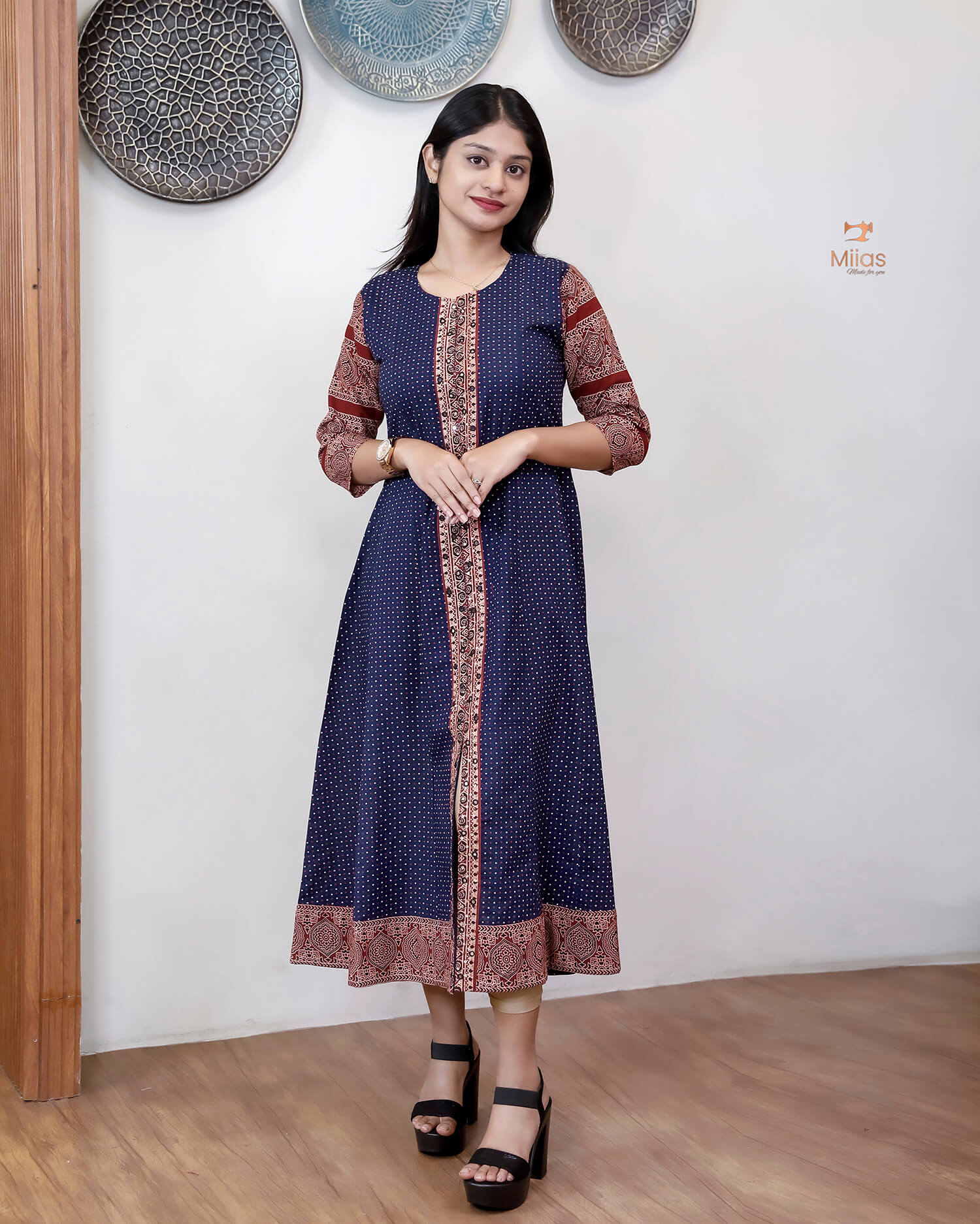 Ajrakh Cotton Kurti – Mirrored Panel Dress with Sequins-Blue.