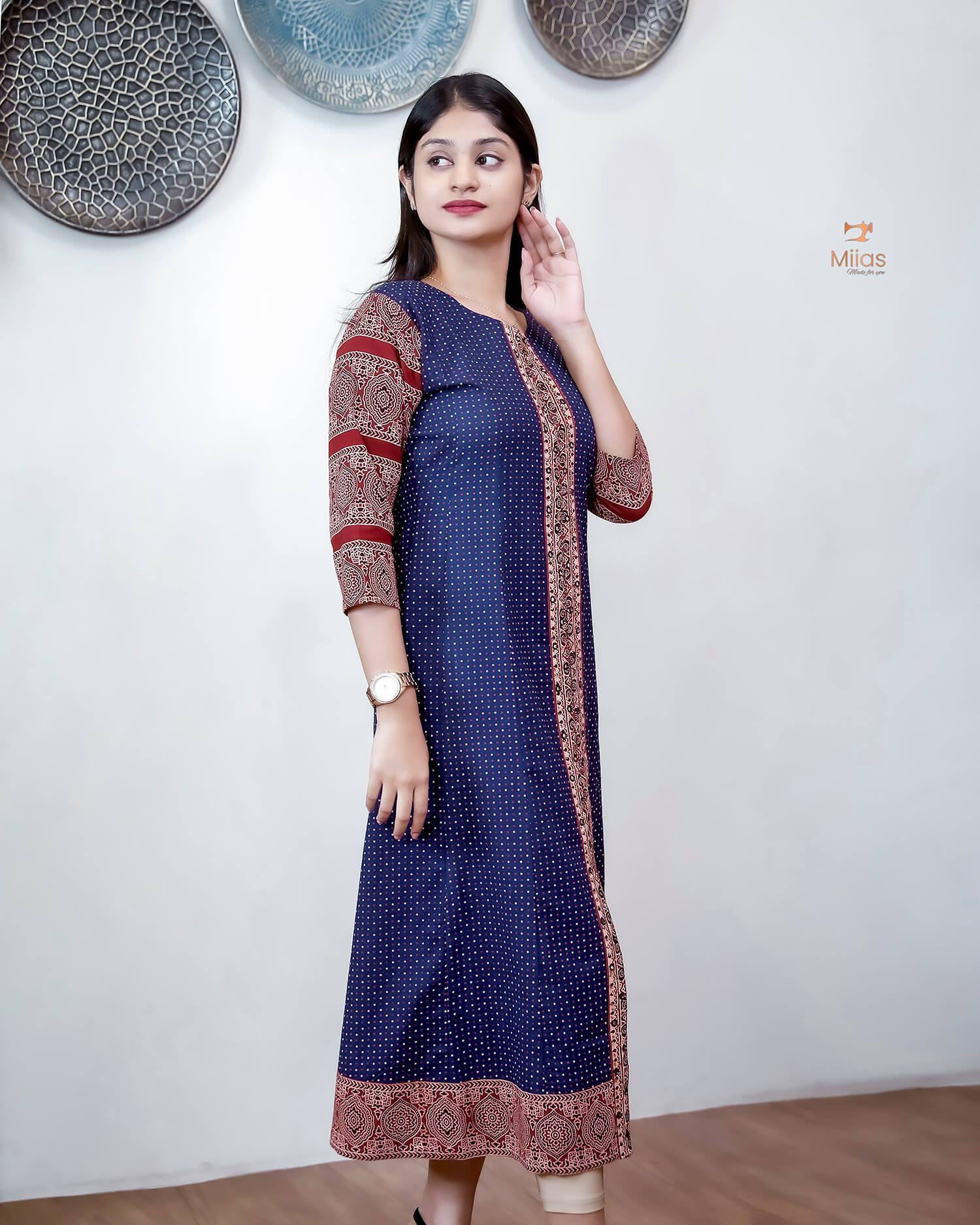 Ajrakh Cotton Kurti – Mirrored Panel Dress with Sequins-Blue.