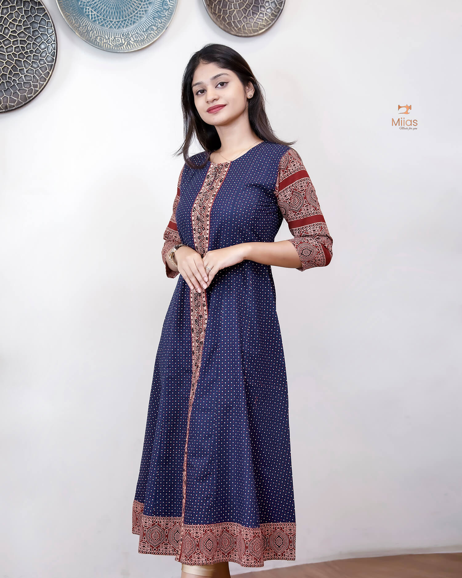 Ajrakh Cotton Kurti – Mirrored Panel Dress with Sequins-Blue.