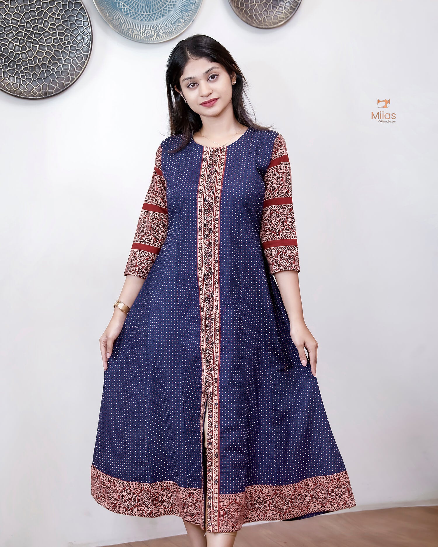 Ajrakh Cotton Kurti – Mirrored Panel Dress with Sequins-Blue.
