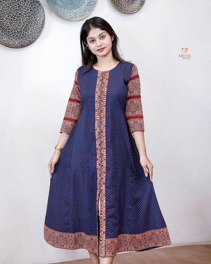 Ajrakh Cotton Kurti – Mirrored Panel Dress with Sequins-Blue.