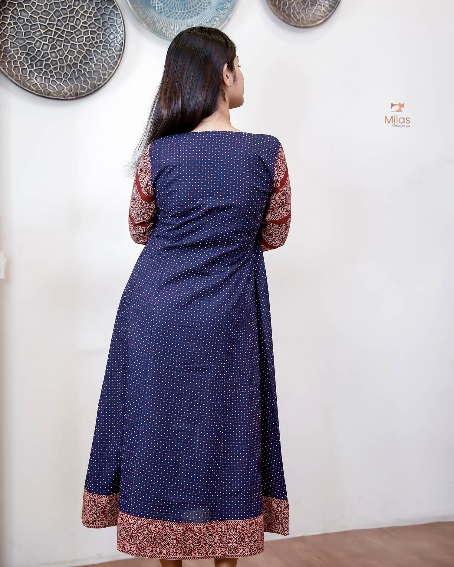 Ajrakh Cotton Kurti – Mirrored Panel Dress with Sequins-Blue.