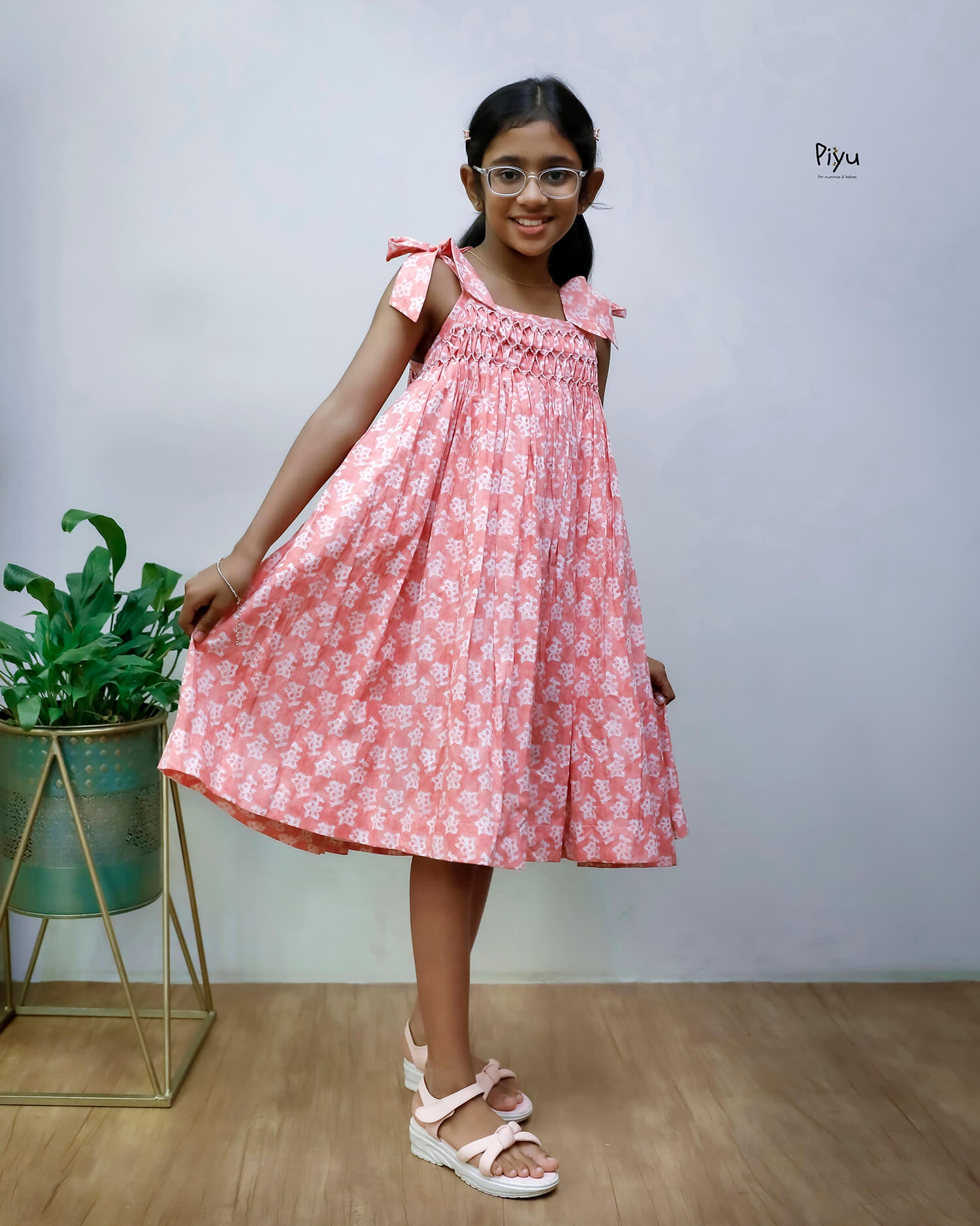 Cotton Kids Frock w/ Smocking & Adjustable Ties