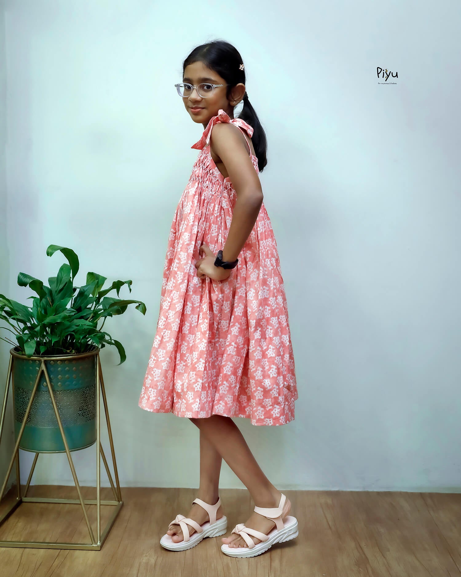 Cotton Kids Frock w/ Smocking & Adjustable Ties