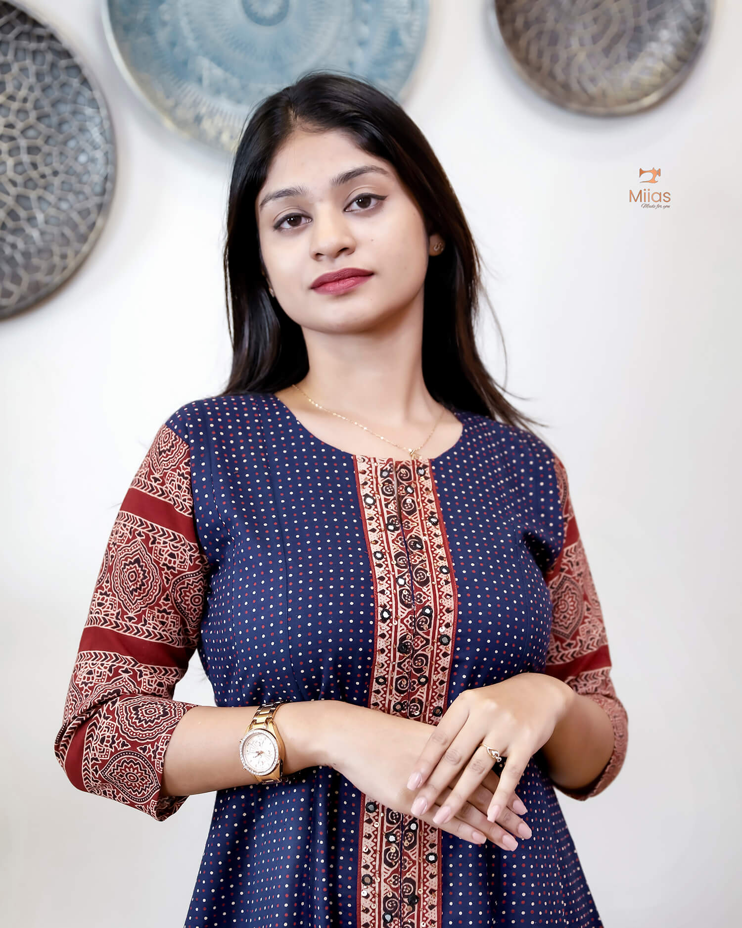 Ajrakh Cotton Kurti – Mirrored Panel Dress with Sequins-Blue.