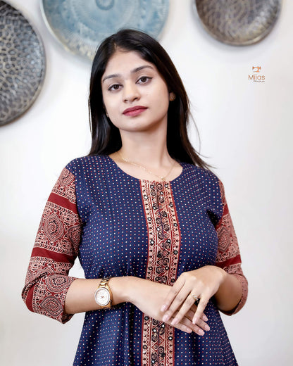 Ajrakh Cotton Kurti – Mirrored Panel Dress with Sequins-Blue.