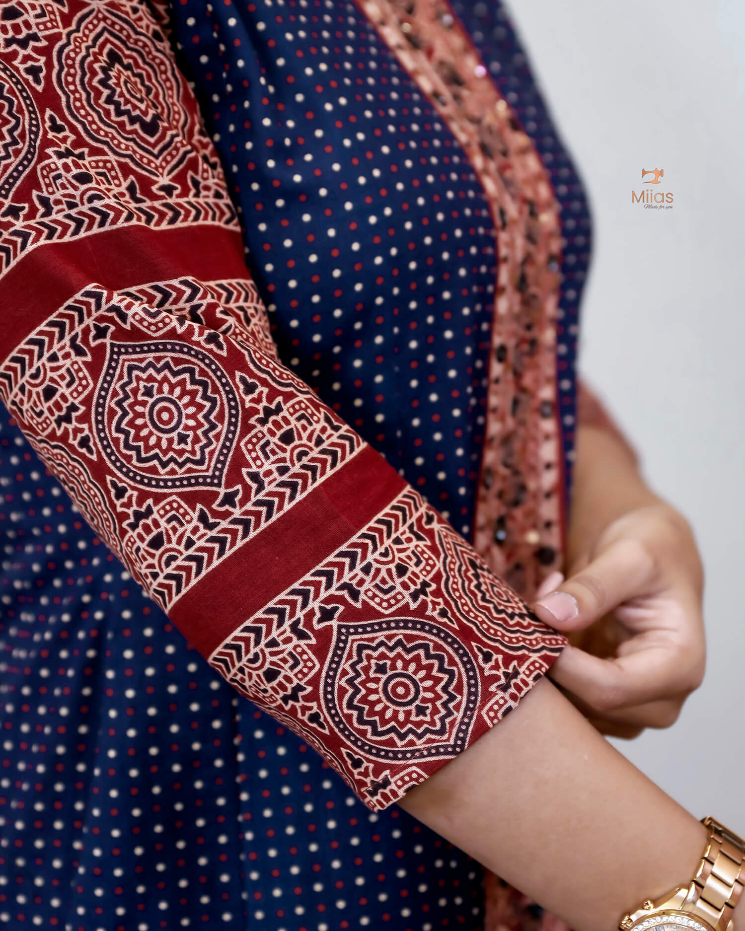 Ajrakh Cotton Kurti – Mirrored Panel Dress with Sequins-Blue.