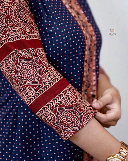Ajrakh Cotton Kurti – Mirrored Panel Dress with Sequins-Blue.