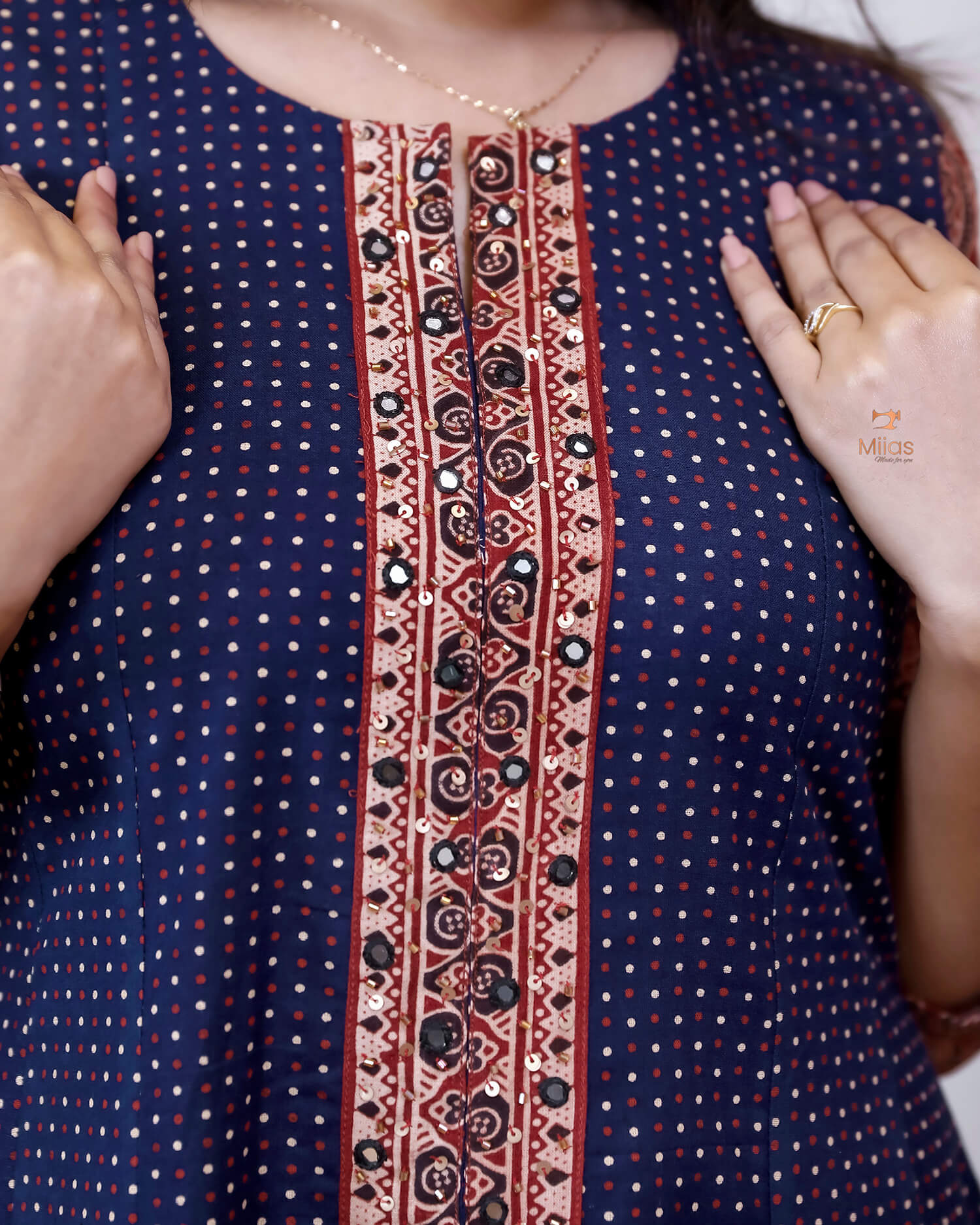 Ajrakh Cotton Kurti – Mirrored Panel Dress with Sequins-Blue.