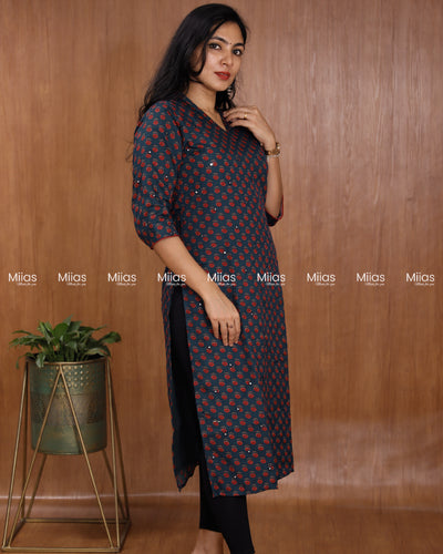 Cotton-Mix Slit Kurti | Ajrakh Print + Mirror Work | Blue